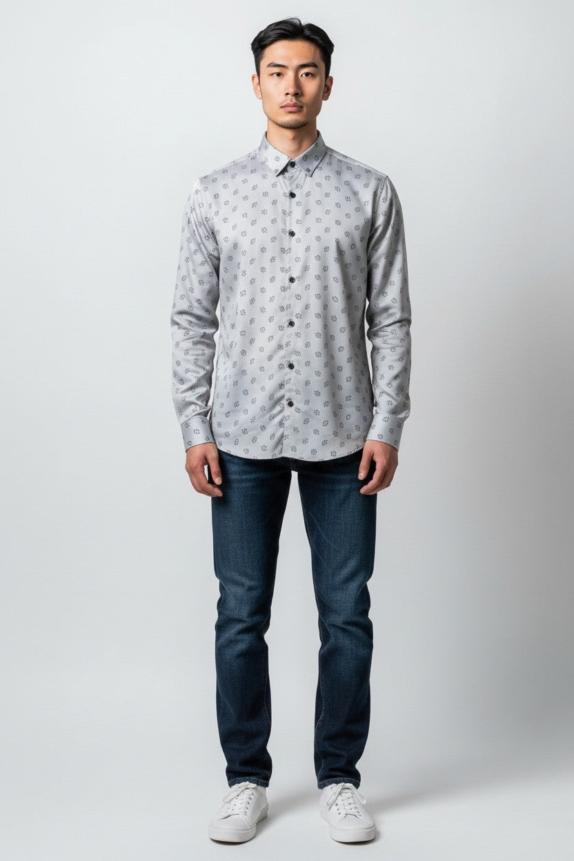 Men Self Printed Satin Slim Fit Shirt Grey