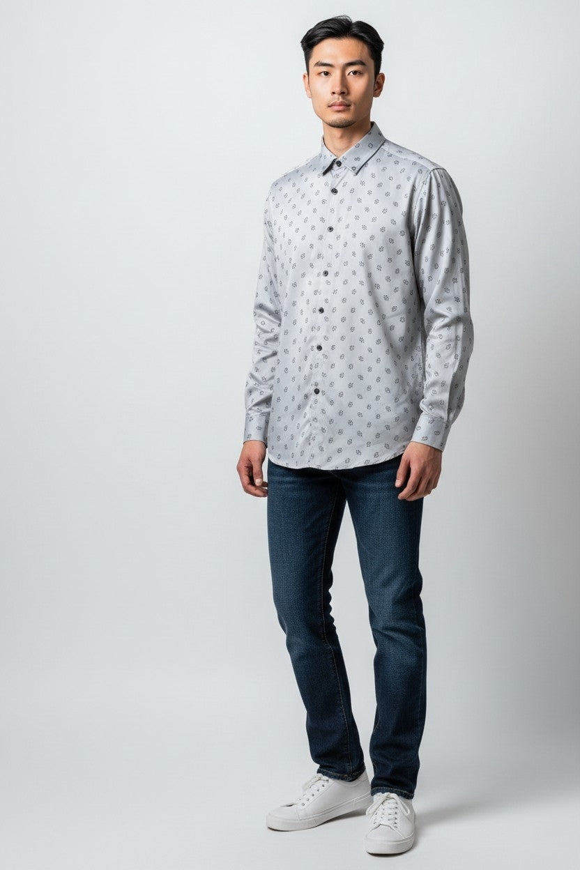 Men Self Printed Satin Slim Fit Shirt Grey