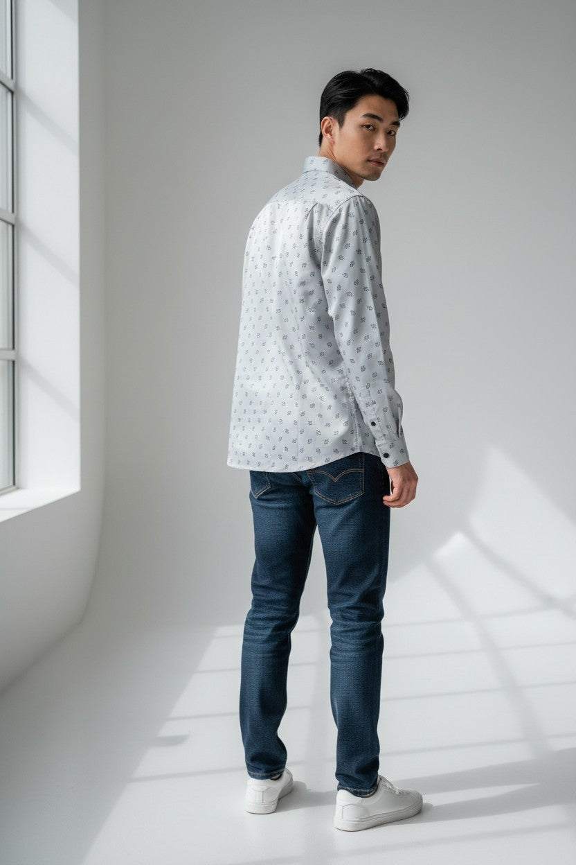 Men Self Printed Satin Slim Fit Shirt Grey