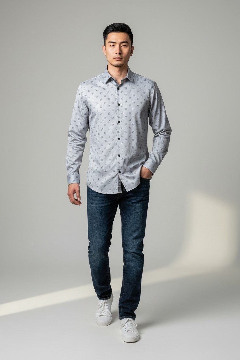 Men Self Printed Satin Slim Fit Shirt Grey