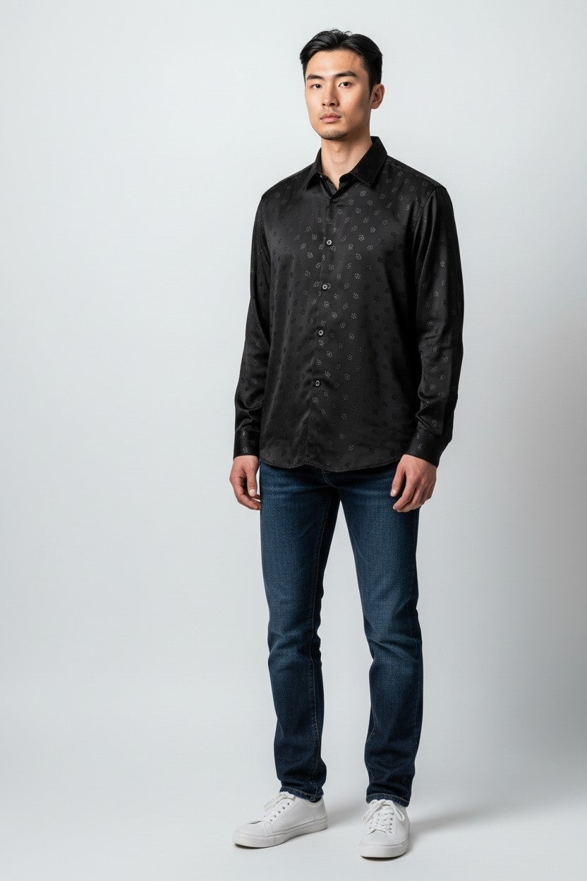 Men Self Printed Satin Slim Fit Shirt Black