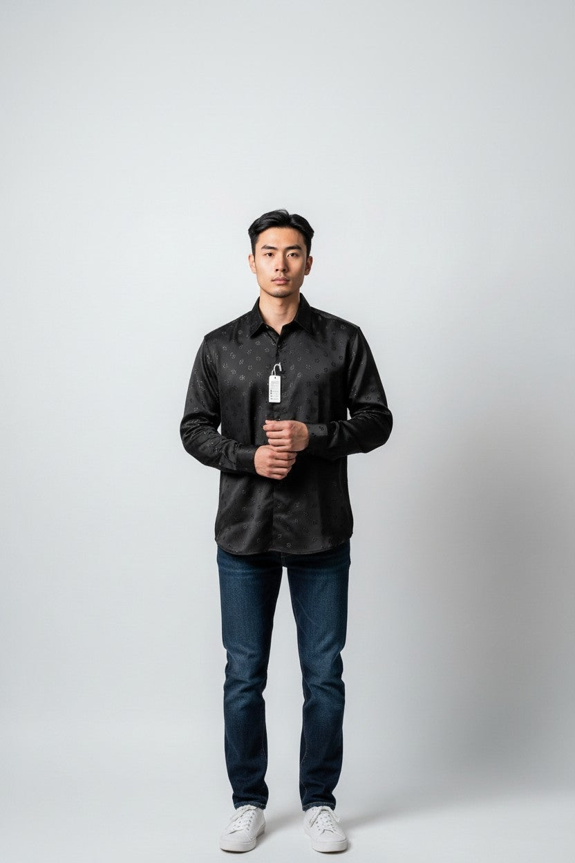 Men Self Printed Satin Slim Fit Shirt Black