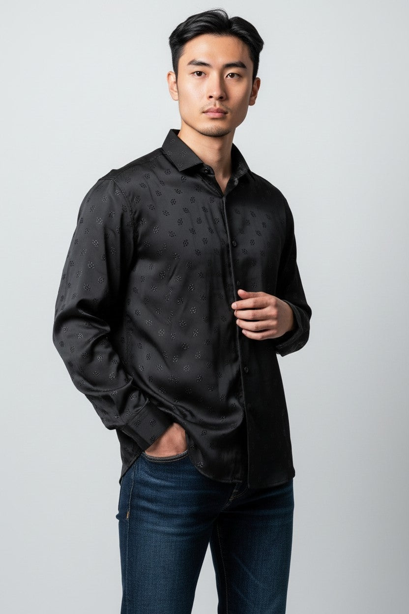 Men Self Printed Satin Slim Fit Shirt Black