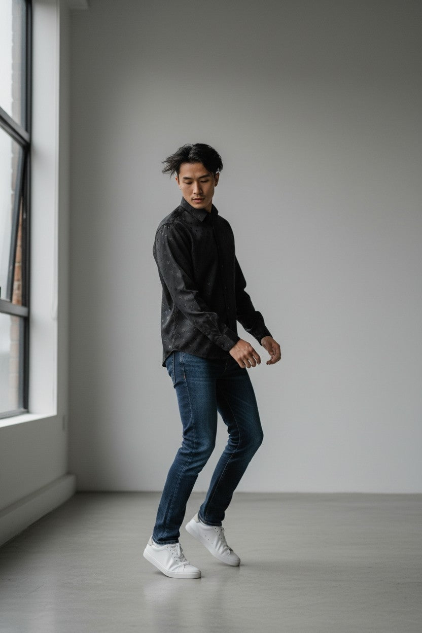 Men Self Printed Satin Slim Fit Shirt Black