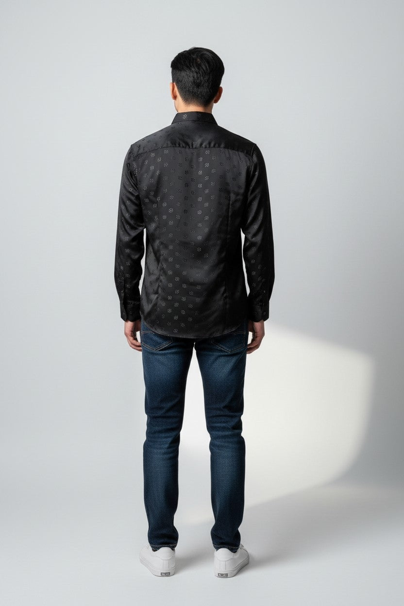 Men Self Printed Satin Slim Fit Shirt Black