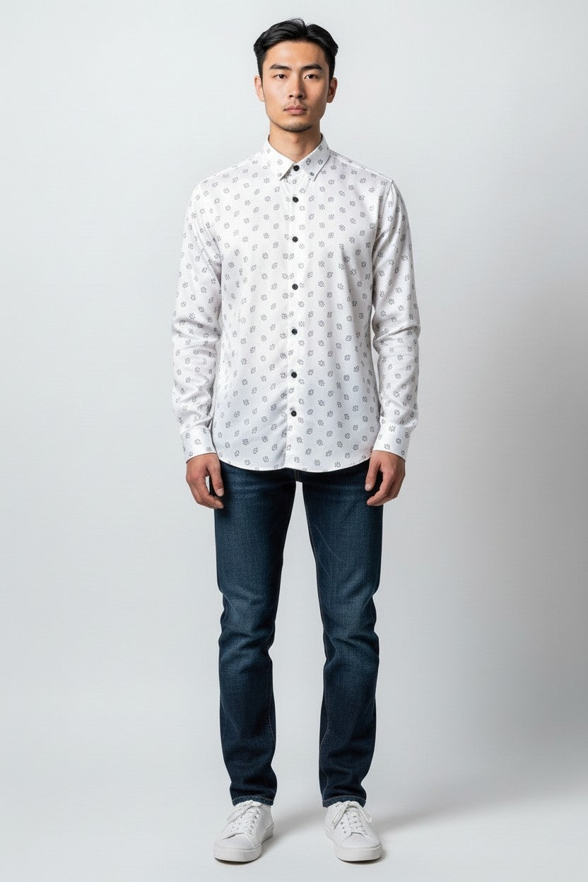 Men Self Printed Satin Slim Fit Shirt White