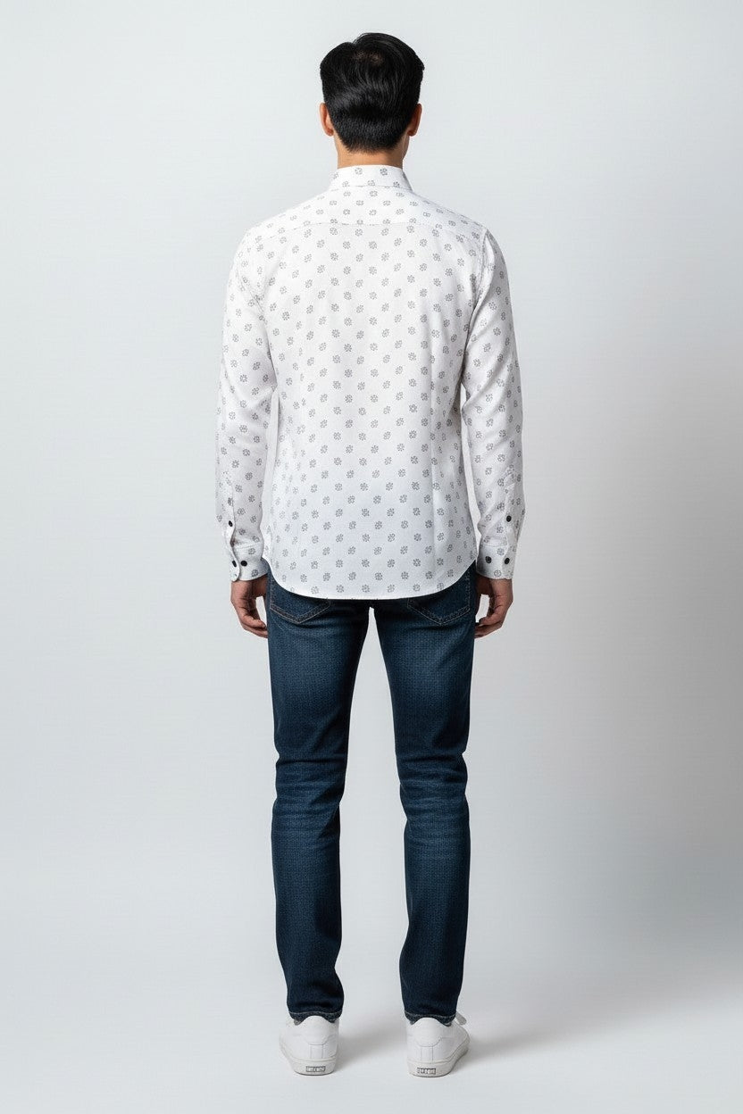 Men Self Printed Satin Slim Fit Shirt White