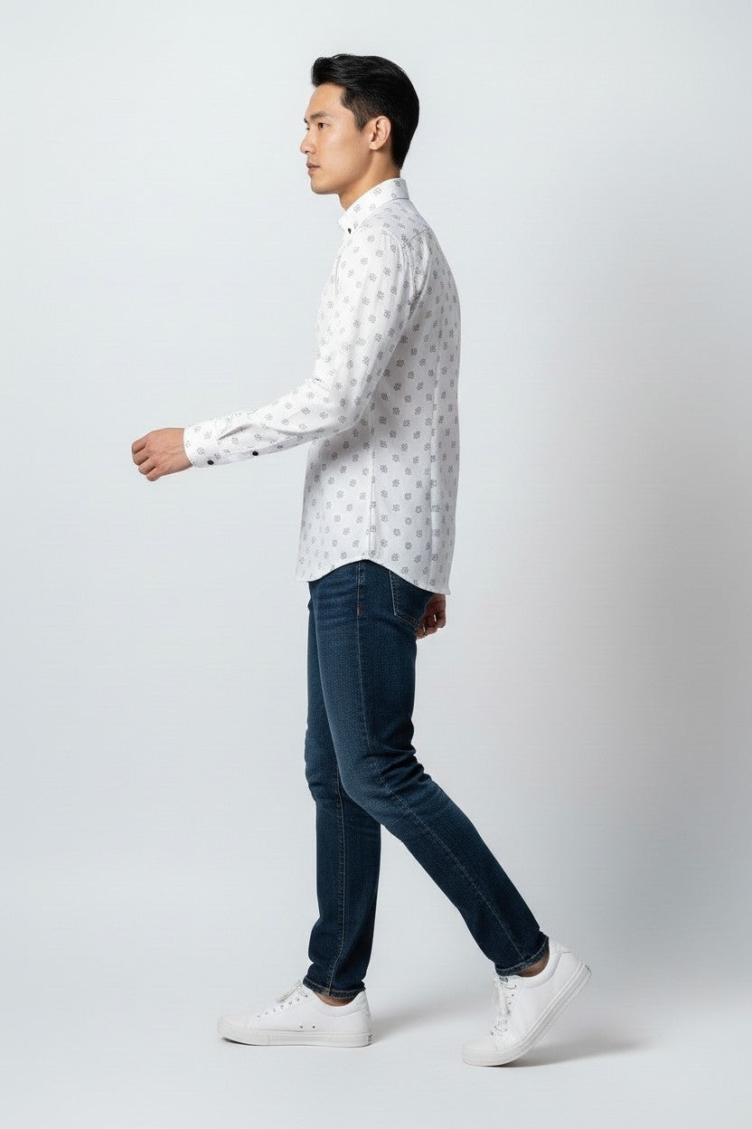 Men Self Printed Satin Slim Fit Shirt White