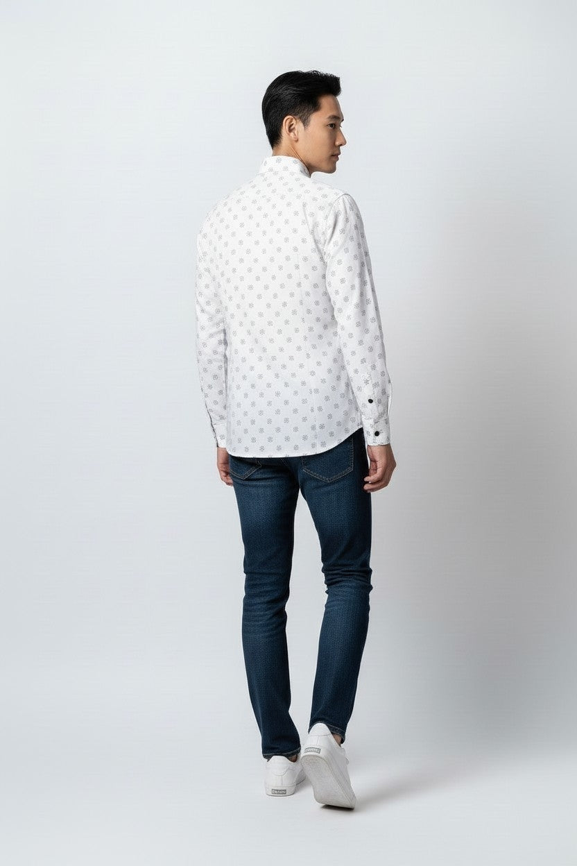 Men Self Printed Satin Slim Fit Shirt White