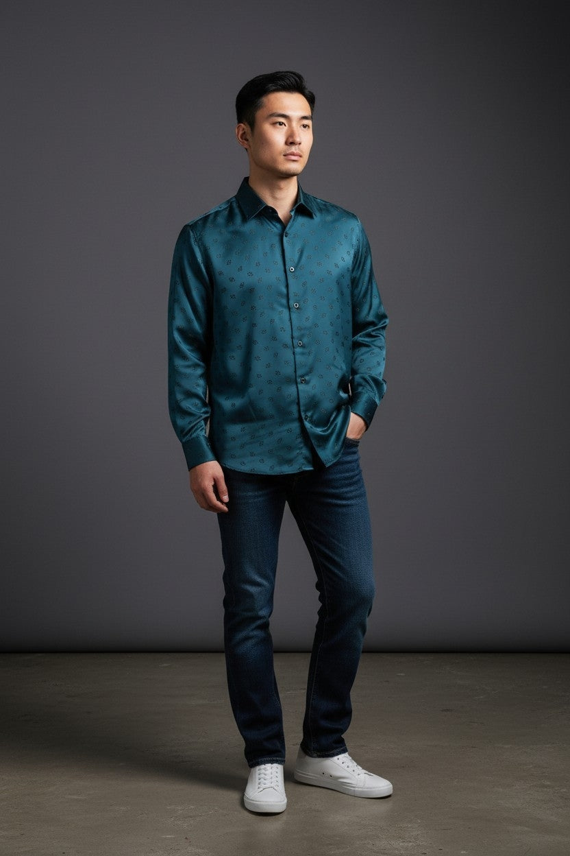 Men Self Printed Satin Slim Fit Shirt Blue