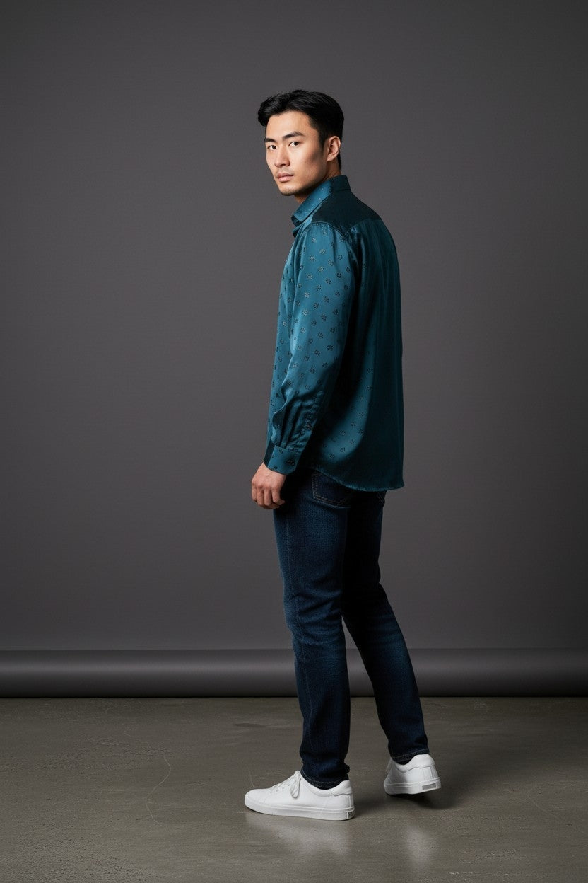 Men Self Printed Satin Slim Fit Shirt Blue