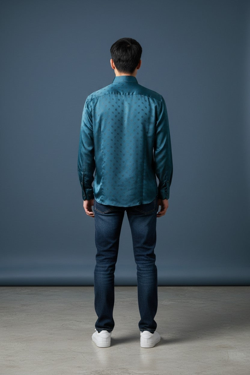 Men Self Printed Satin Slim Fit Shirt Blue