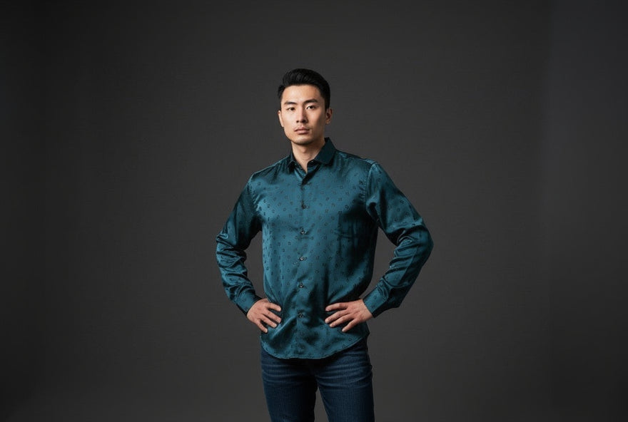 Men Self Printed Satin Slim Fit Shirt Blue