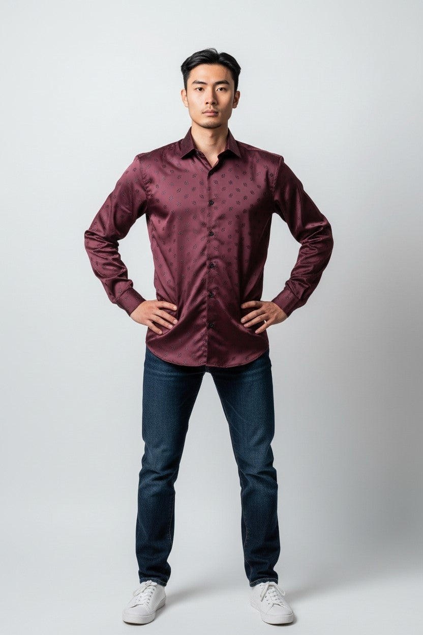 Men Self Printed Satin Slim Fit Shirt Purple