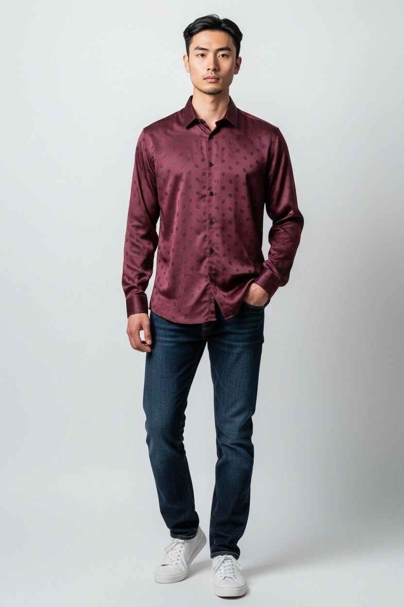 Men Self Printed Satin Slim Fit Shirt Purple