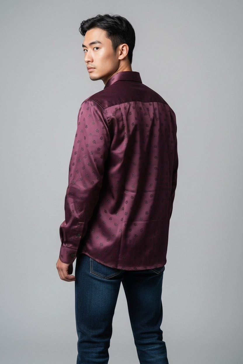 Men Self Printed Satin Slim Fit Shirt Purple