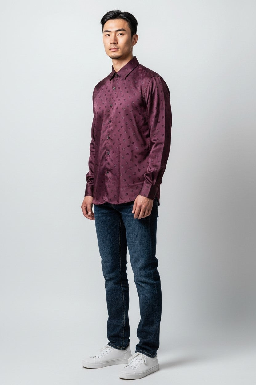 Men Self Printed Satin Slim Fit Shirt Purple