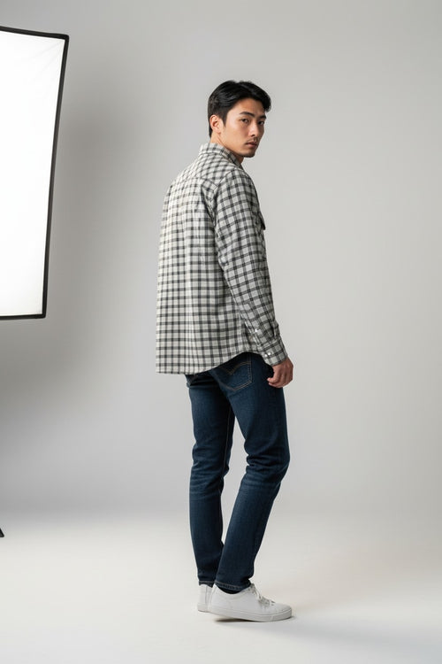 Men Checkered Double Pocket Shirt Cream & Black