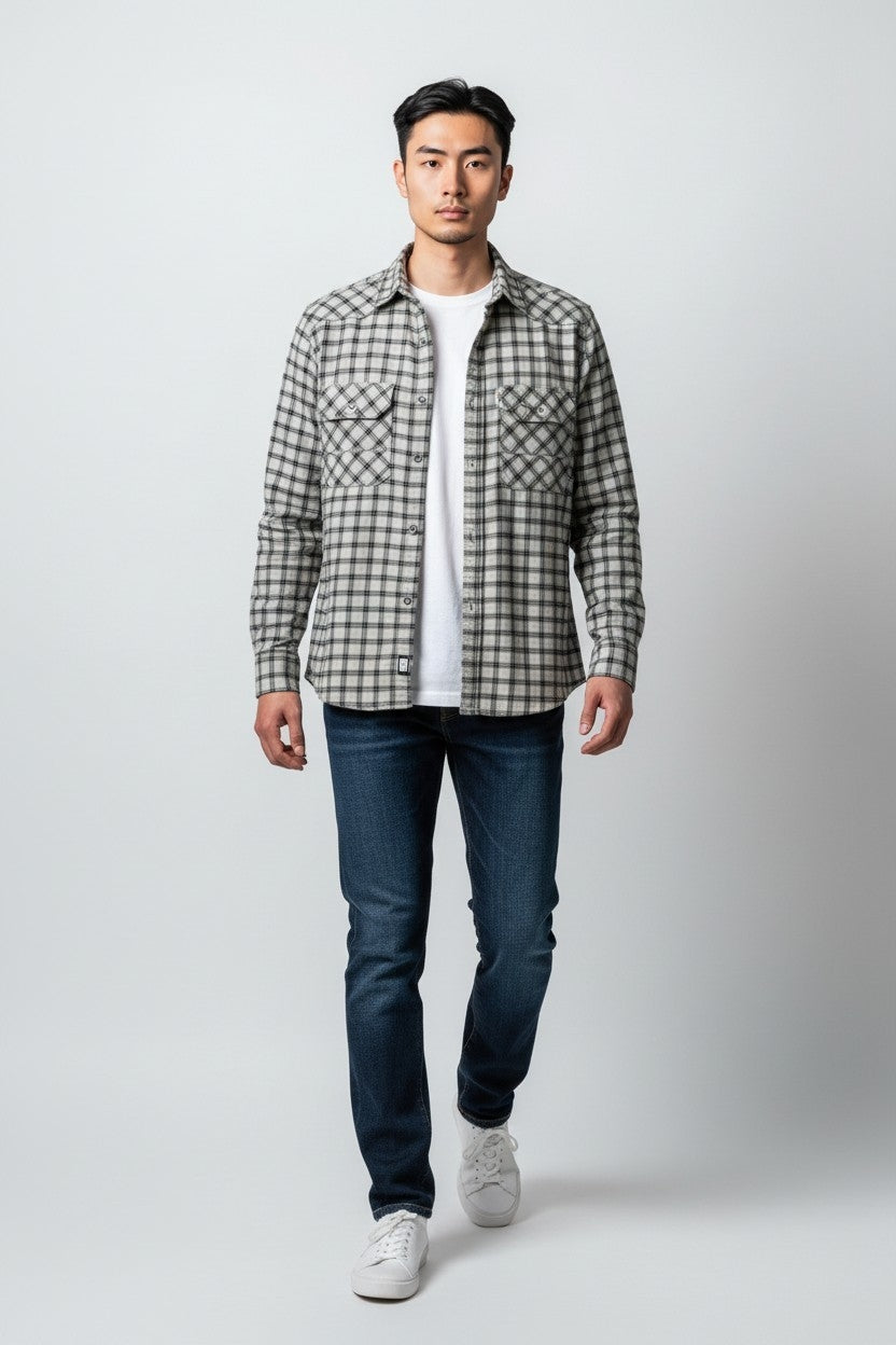 Men Checkered Double Pocket Shirt Cream & Black