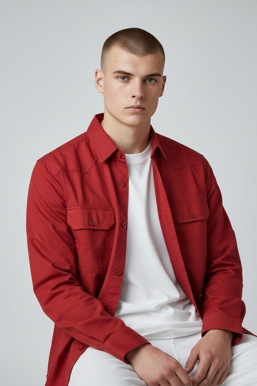 Men Solid Double Pocket Shirt Red