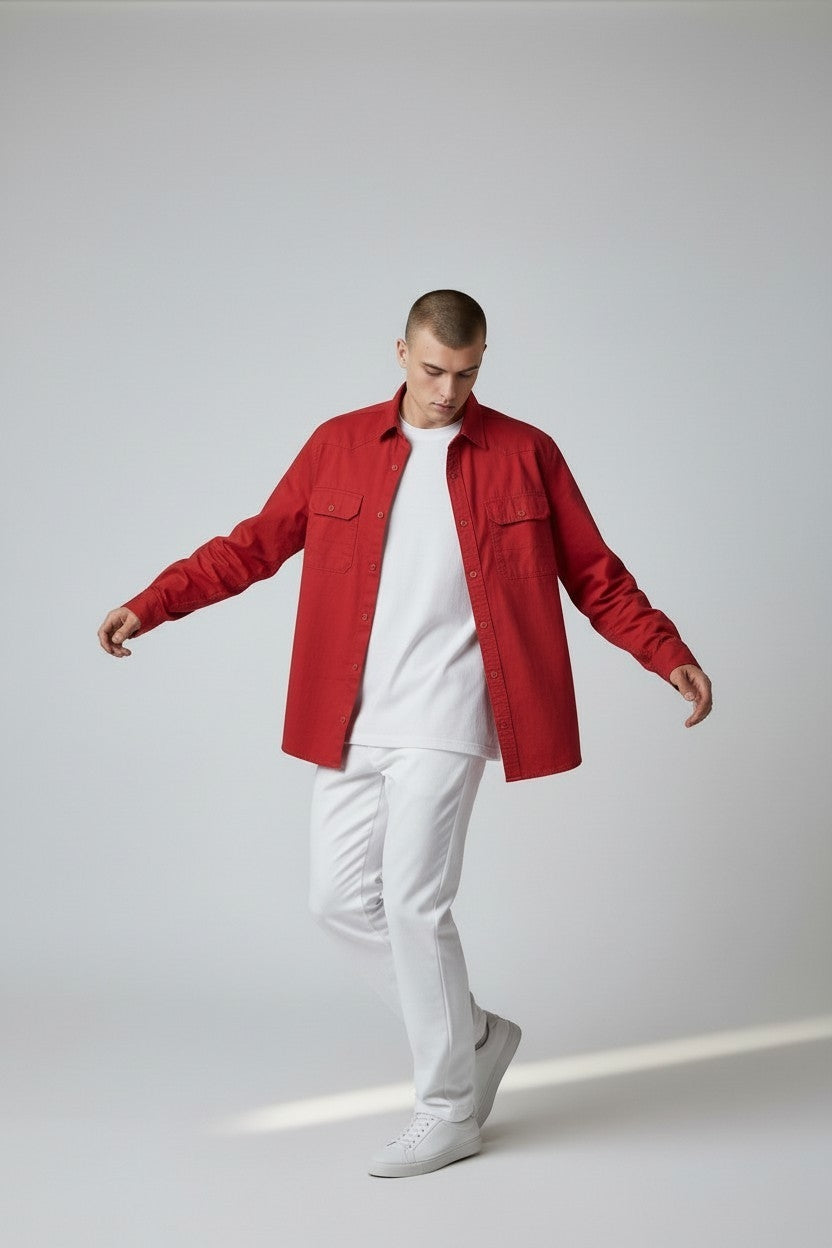 Men Solid Double Pocket Shirt Red