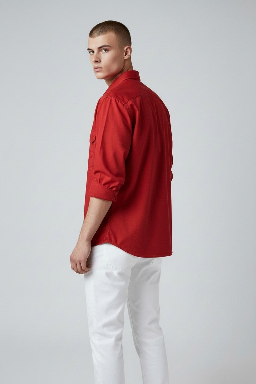 Men Solid Double Pocket Shirt Red