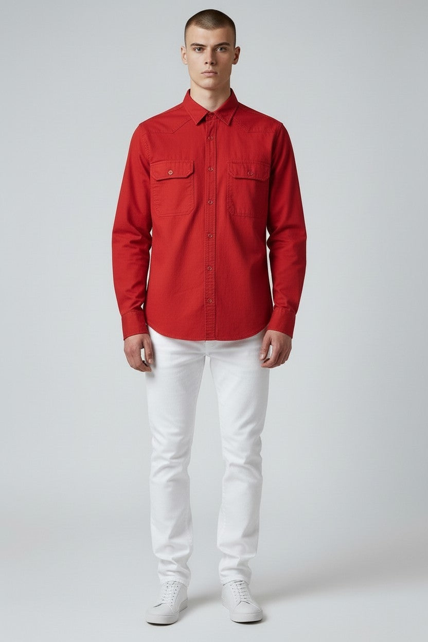 Men Solid Double Pocket Shirt Red