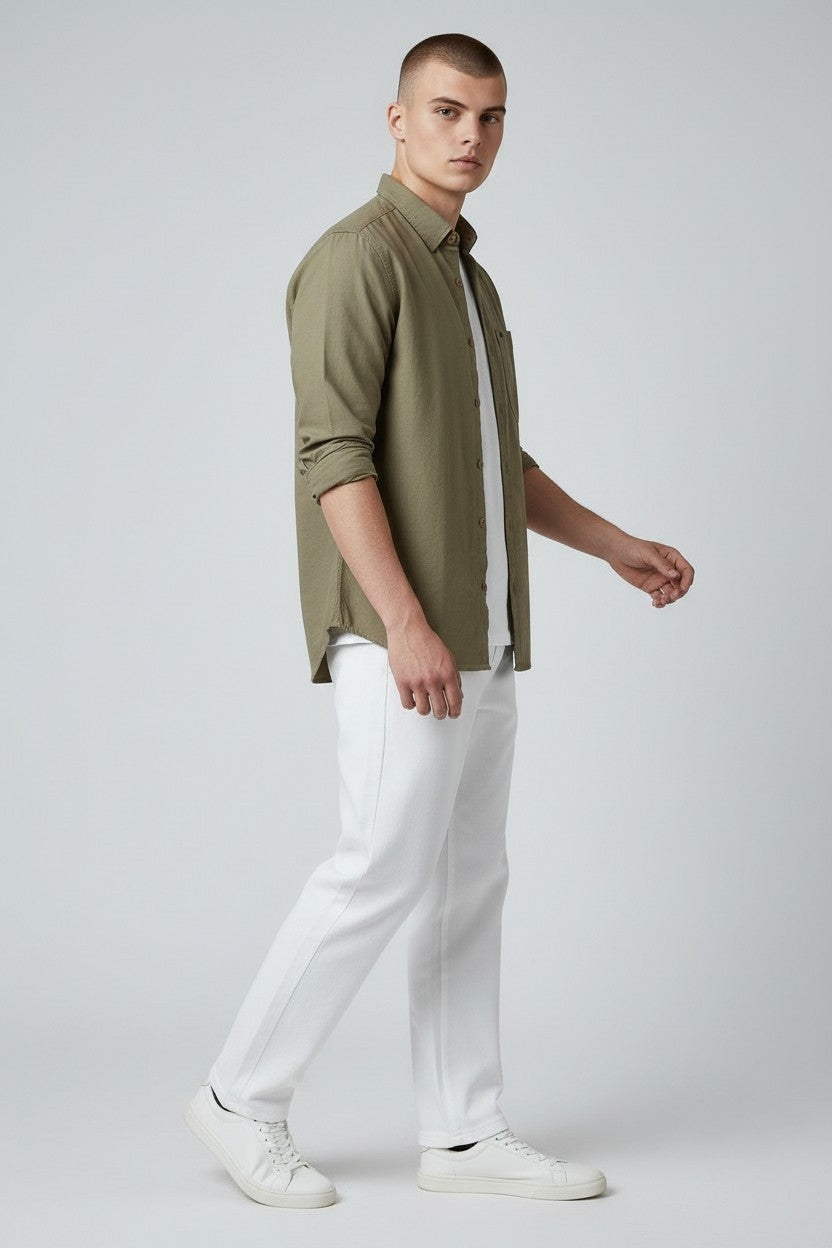 Men Solid Cotton Slim Fit Shirt Khaki