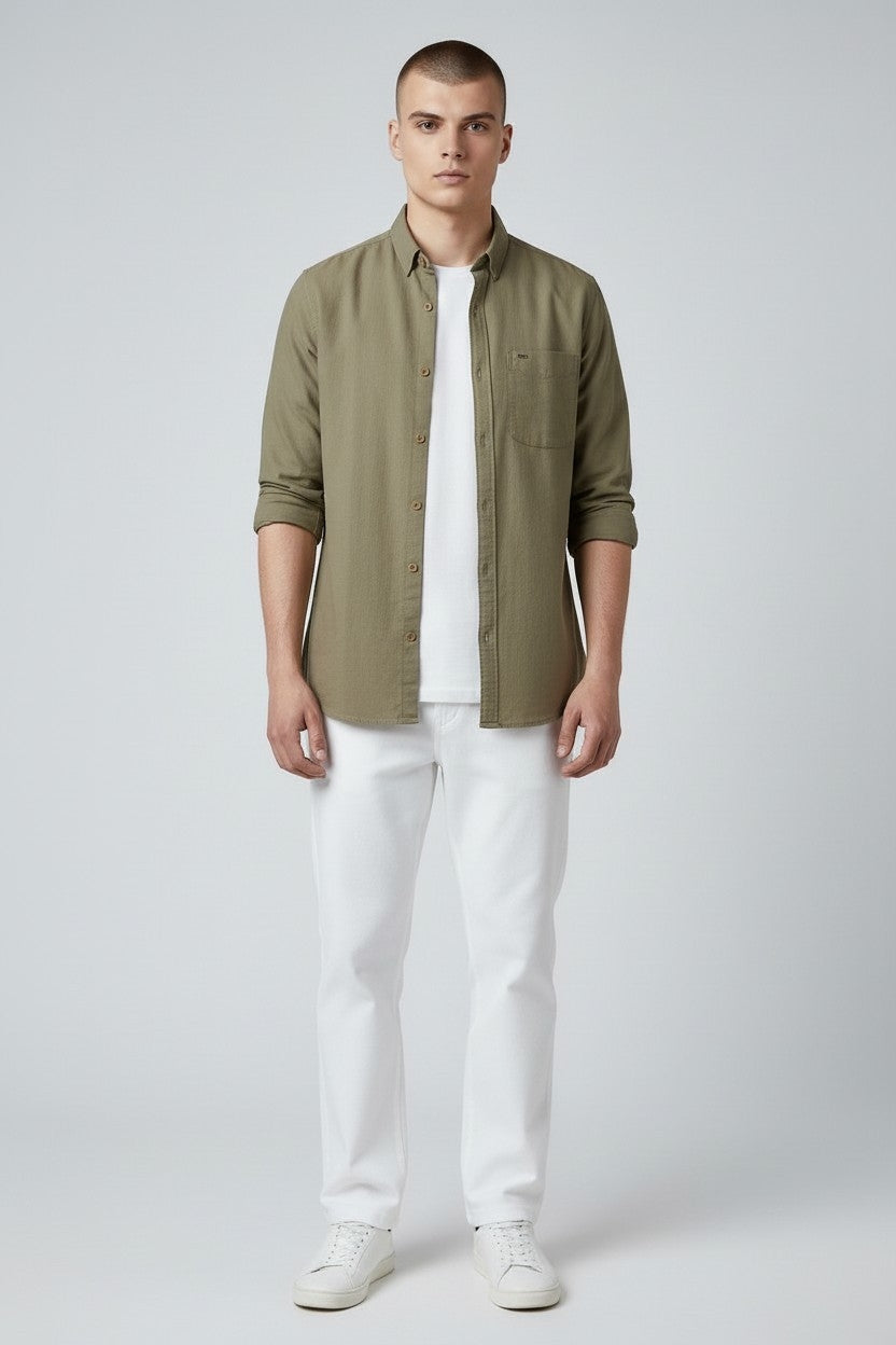 Men Solid Cotton Slim Fit Shirt Khaki