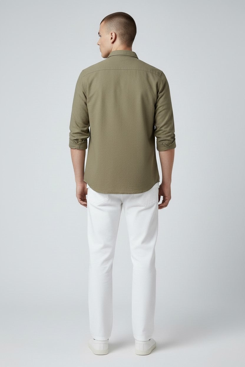 Men Solid Cotton Slim Fit Shirt Khaki