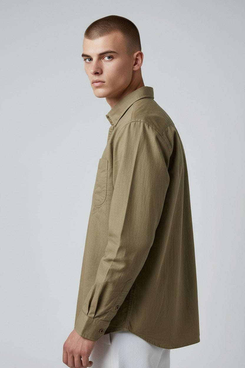 Men Solid Cotton Slim Fit Shirt Khaki