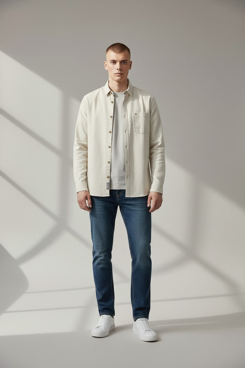 Men Solid Cotton Slim Fit Shirt Cream