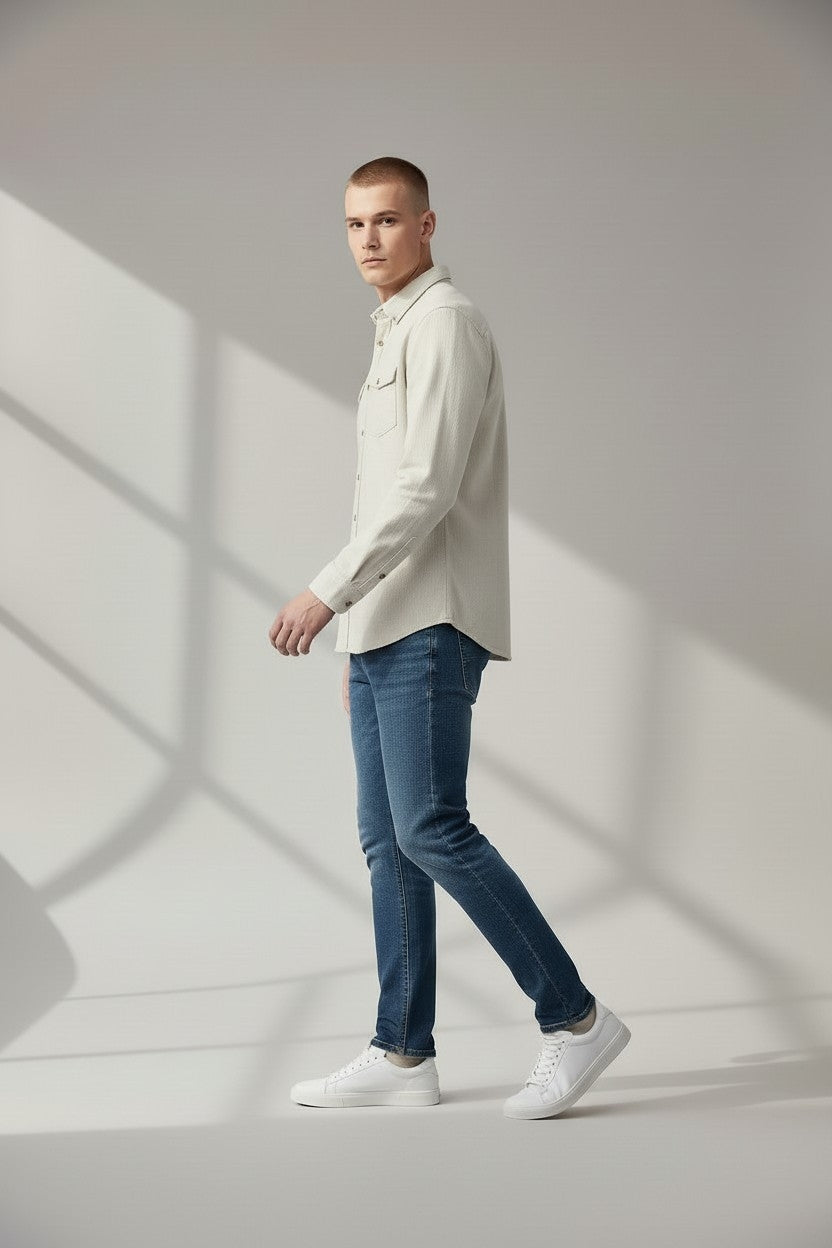 Men Solid Cotton Slim Fit Shirt Cream