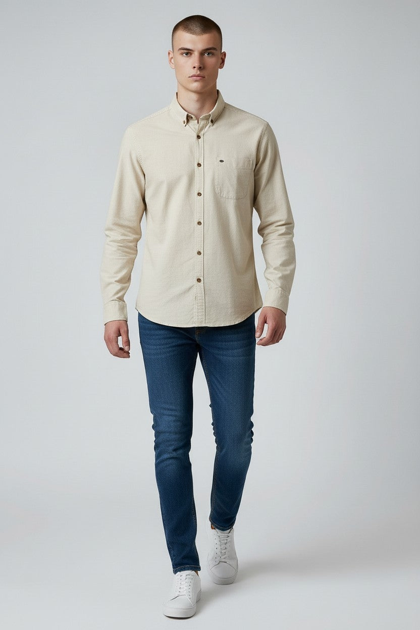 Men Solid Cotton Slim Fit Shirt Cream