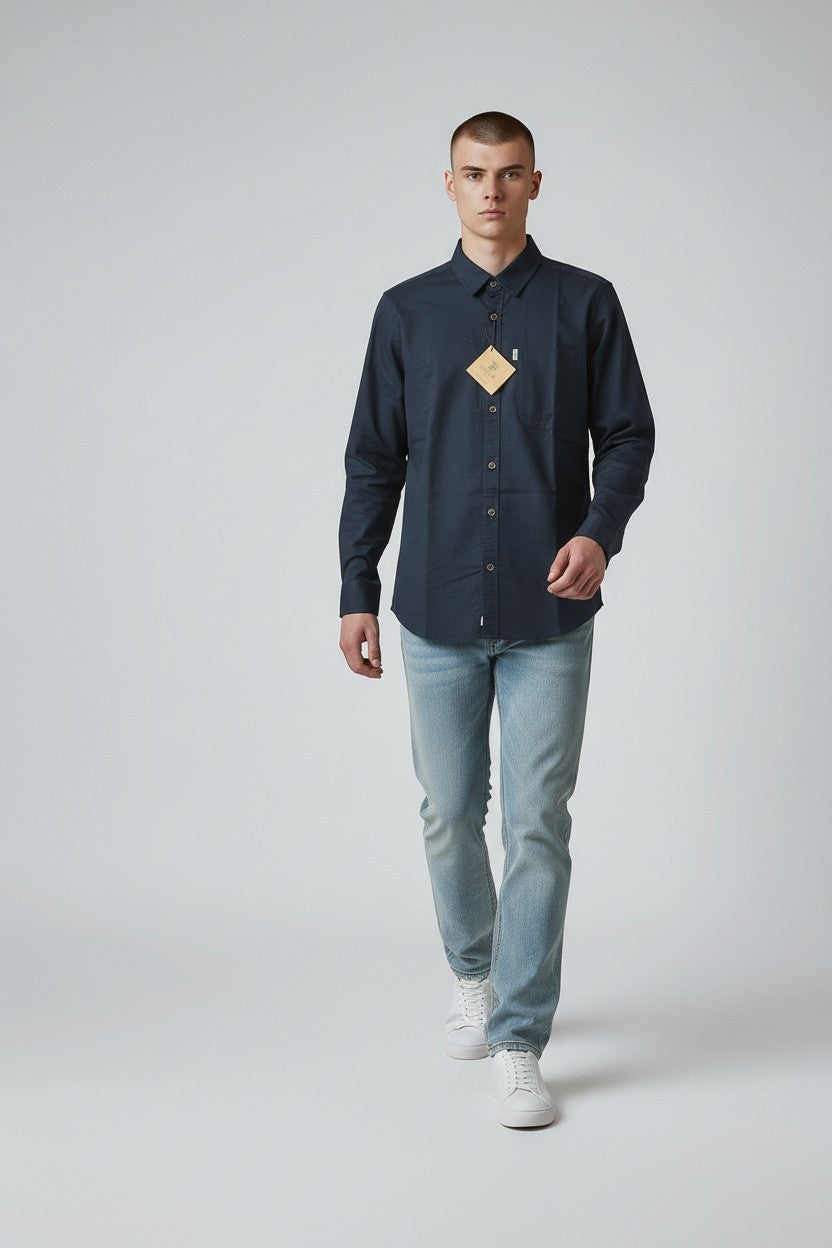 Men Solid Cotton Slim Fit Shirt Navy