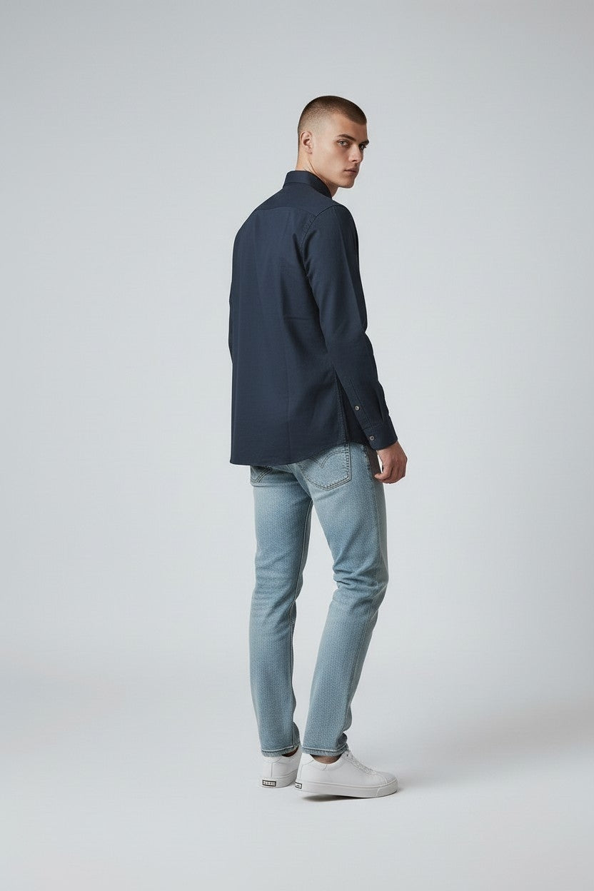 Men Solid Cotton Slim Fit Shirt Navy