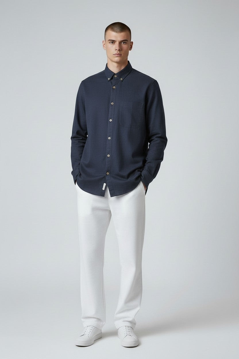 Men Solid Cotton Slim Fit Shirt Navy