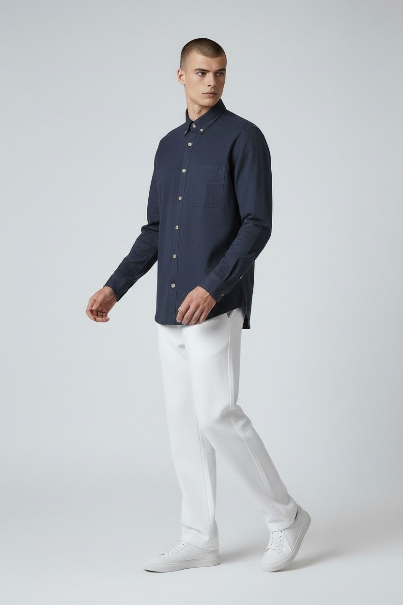 Men Solid Cotton Slim Fit Shirt Navy